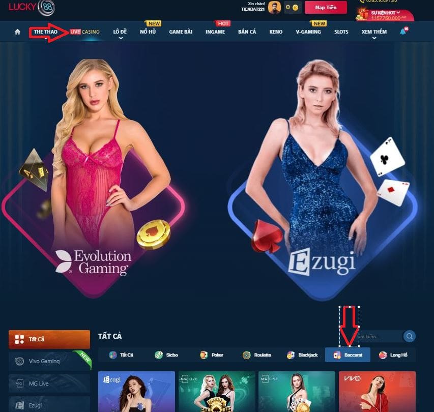 Chọn Live Casino -> Baccarat -> sảnh chơi